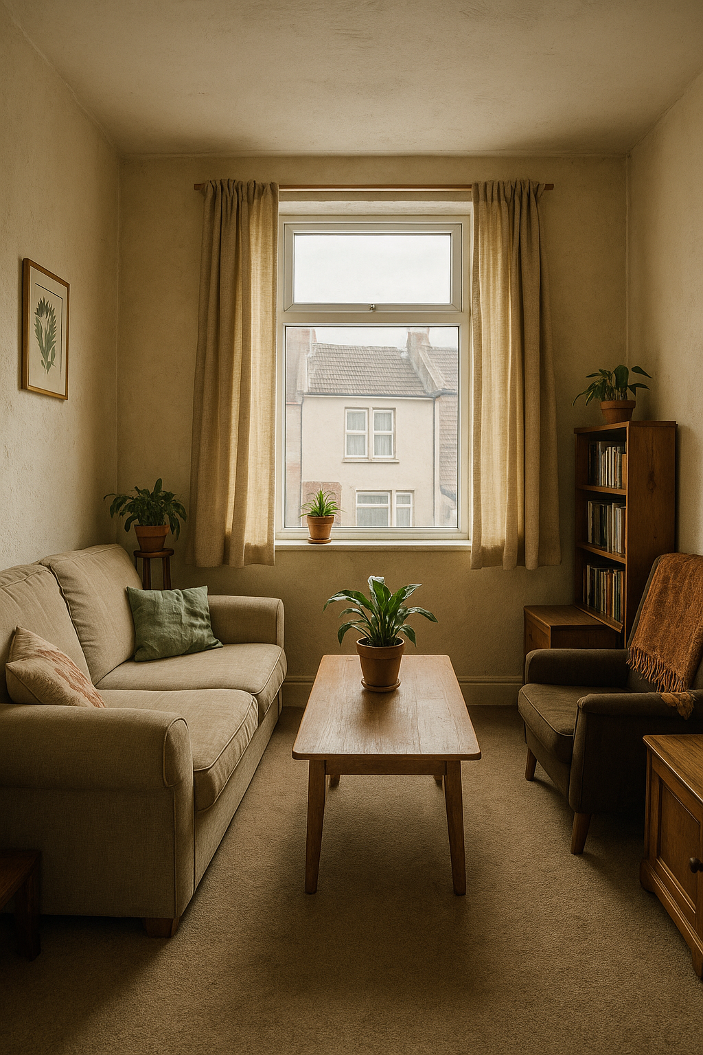 Comfortable, tidy living room in a modest Bristol terraced house after eco-friendly clean.